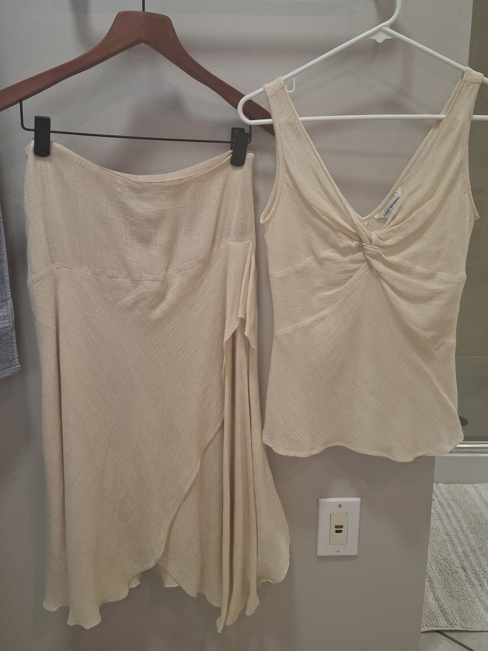 Zara Cream Twist-Detail Slip Top and Asymmetrical Skirt Set